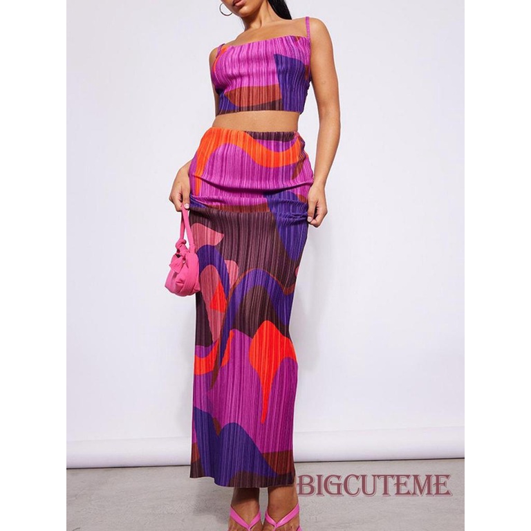 Bộ Trang Phục 2 Mảnh Gồm Áo Hai Dây Nhuộm Màu Và Chân Váy Dài Lưng Cao Thời Trang Mùa Hè Cho Nữ