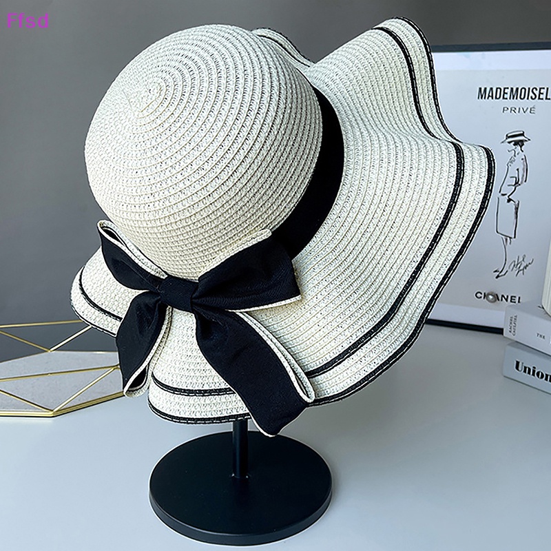 {Ffsd} Hàng Bán Chạy Mũ Rơm Chống Nắng Đi Biển Mùa Hè Ngoài Trời Phối Nơ Gợn Sóng Đôi Thời Trang Thường Ngày Cần Thiết