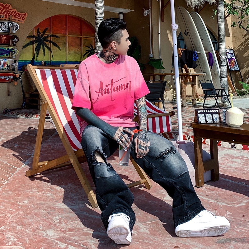 Áo Thun Cotton Ngắn Tay Dáng Rộng Nhuộm Màu Gradient Cá Tính Cho Nam 240G