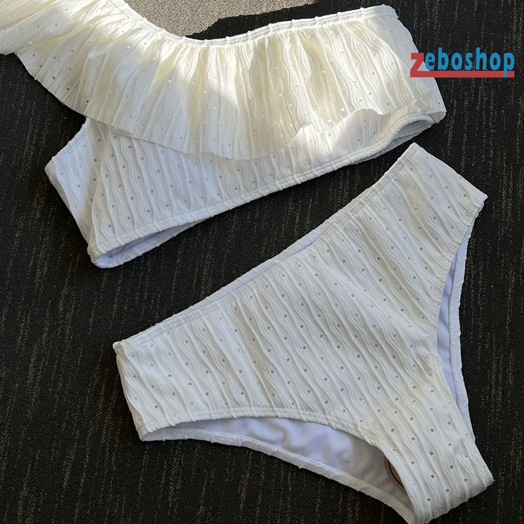 Bộ Đồ Bơi 2 Mảnh Màu Trơn Phối Bèo Và Quần Lưng Cao Mau Khô Thời Trang Cho Nữ