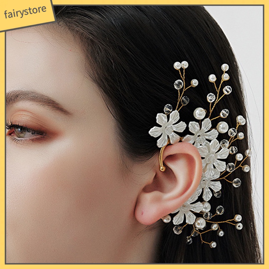 [FRO] Khuyên Tai Kẹp Vành Tai Không Xỏ Lỗ Đính Đá Ngọc Trai Giả Hình Bông Hoa Thủ Công Trang Sức Cô Dâu Không C