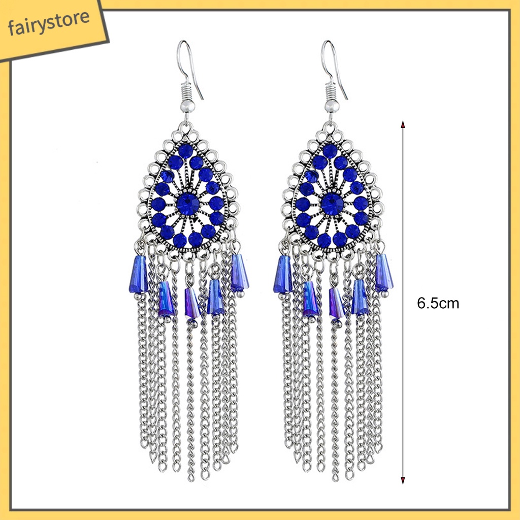 1 Đôi Bông Tai Hình Giọt Nước Đính Đá Phối Tua Rua Phong Cách Vintage