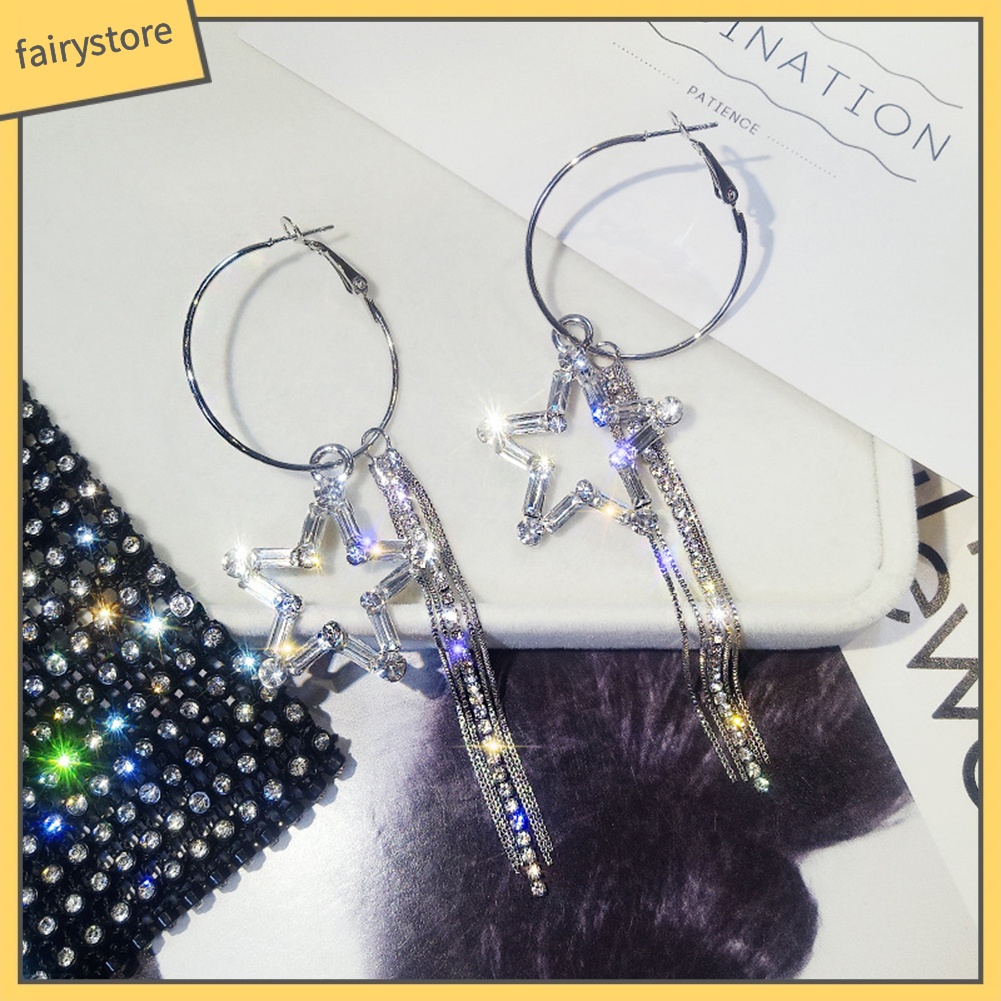 Bông Tai Dạng Vòng Hình Ngôi Sao Năm Cánh Đính Đá Phối Tua Rua Thời Trang Cho Nữ