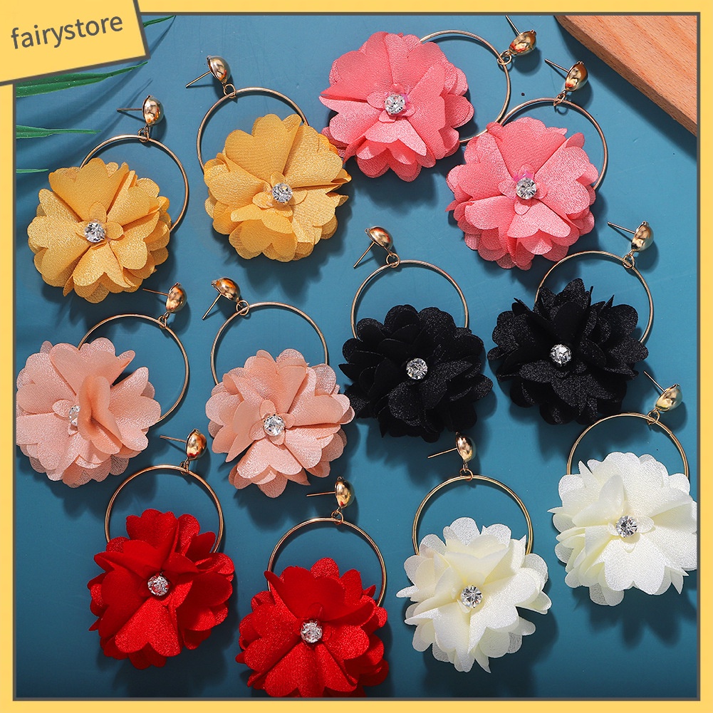 Bông Tai Dáng Dài Hình Tròn Đính Đá Hình Hoa Thời Trang Cho Nữ