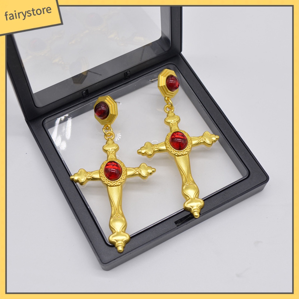 1 Đôi Bông Tai Hình Thánh Giá Bằng Thủy Tinh Màu Sang Trọng Phong Cách Trung Cổ Dành Cho Nữ