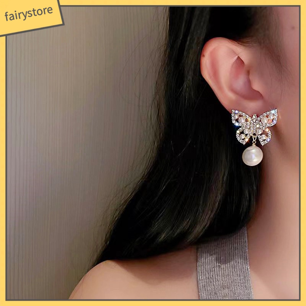 1 Đôi Bông Tai Dáng Dài Hình Bướm Đính Ngọc Trai Giả Phong Cách Pháp Thanh Lịch