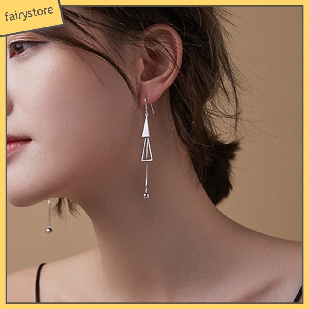 Đôi Bông Tai Hình Tam Giác Dáng Dài Gắn Hai Quả Bông Thời Trang Cho Nữ