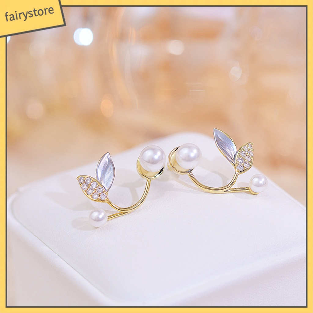 1 Đôi Bông Tai Hình Chiếc Lá Đính Ngọc Trai Nhân Tạo Phong Cách Hàn Quốc