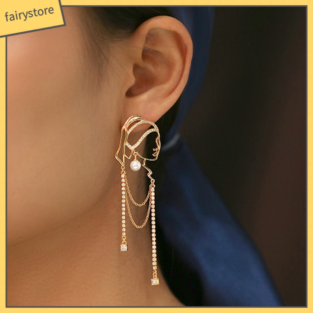 1 Đôi Bông Tai Nữ Đính Ngọc Trai Giả Hình Chân Dung Tua Rua Phong Cách Trừu Tượng