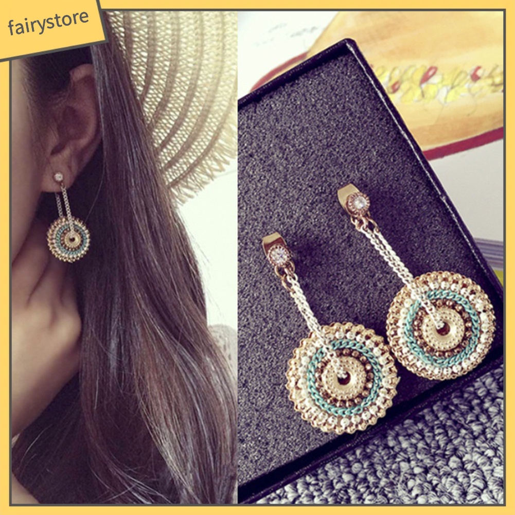 Bông Tai Handmade Hình Tròn Đính Đá Phong Cách Bohemian Dành Cho Nữ