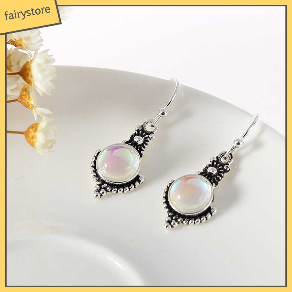 Bông Tai Móc Dáng Dài Đính Đá Mặt Trăng Màu Sắc Cầu Vồng Phong Cách Vintage