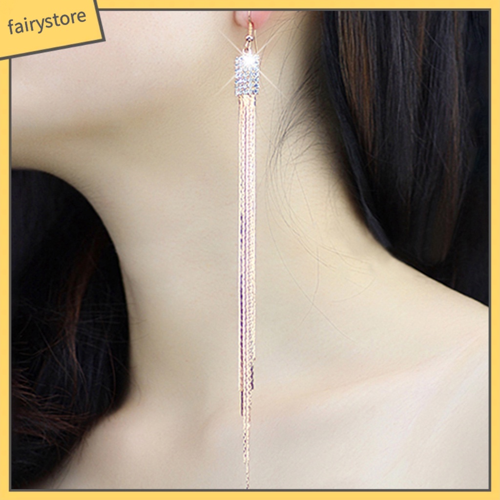 1 Cặp Bông Tai Dáng Dài Hình Vuông Đính Đá Phối Tua Rua Thời Trang Cho Nữ