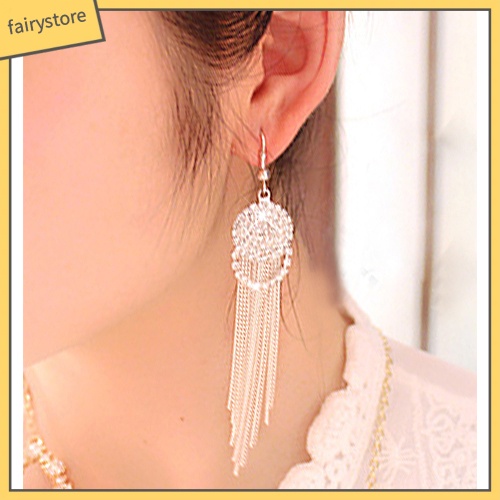 Bông Tai Dáng Dài Đính Đá Phối Tua Rua Thời Trang Cho Nữ