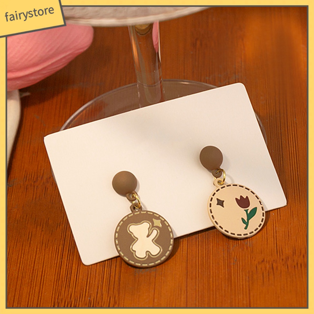 1 Đôi Bông Tai Hình Tròn Họa Tiết Hoa Hồng / Gấu Hoạt Hình Phong Cách Nhật Bản Thời Trang