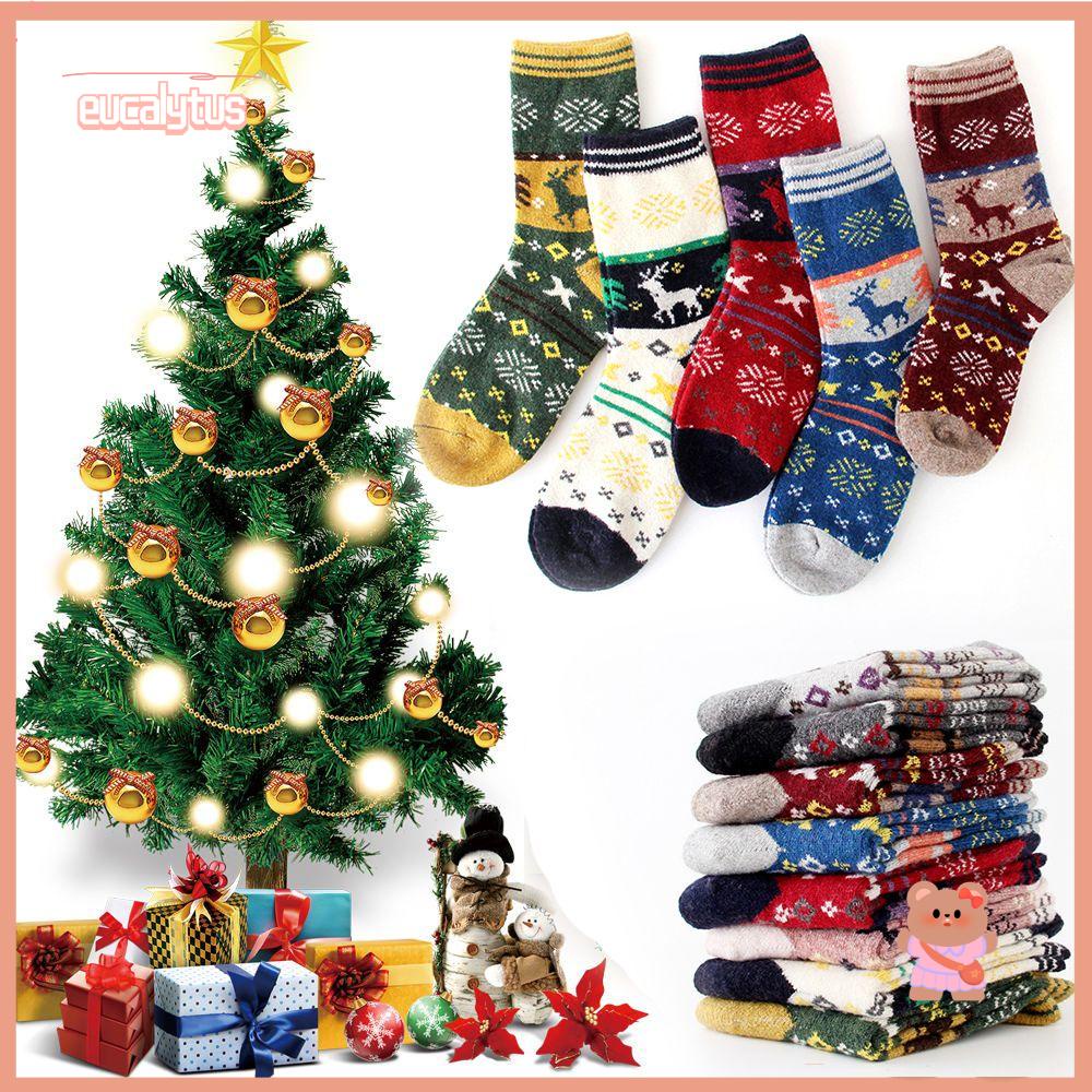 Vớ Len Dày Dặn Giữ Ấm Họa Tiết Hươu Giáng Sinh Dễ Thương