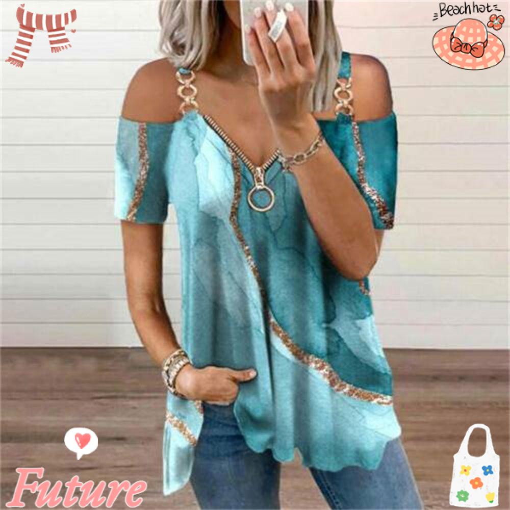 Áo Thun Hở Vai Cổ Chữ V Phối Khóa Kéo Thời Trang Mùa Hè Quyến Rũ