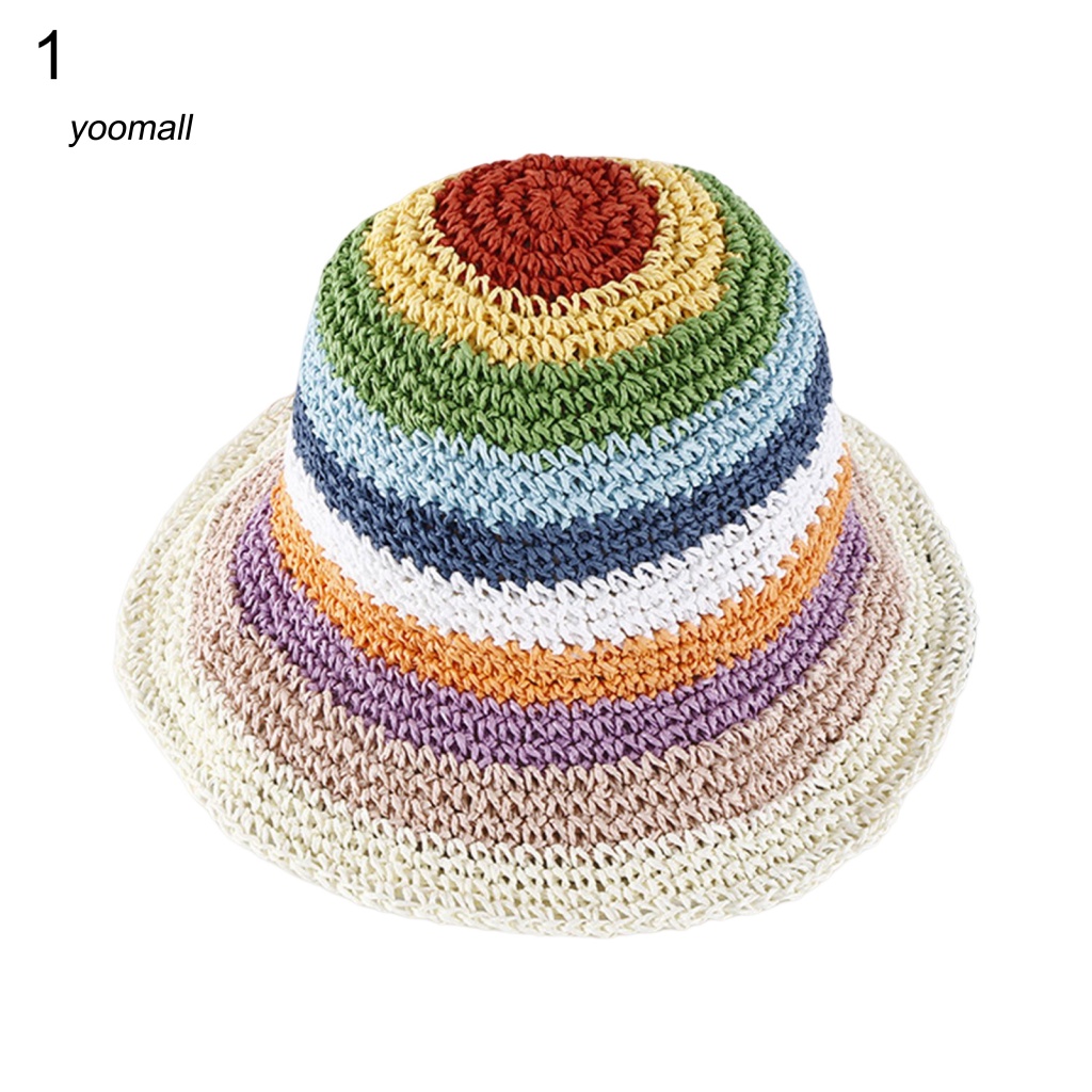 Mũ Đan Rơm Chống Nắng Nhiều Màu Sắc Họa Tiết Kẻ Sọc Cho Nữ