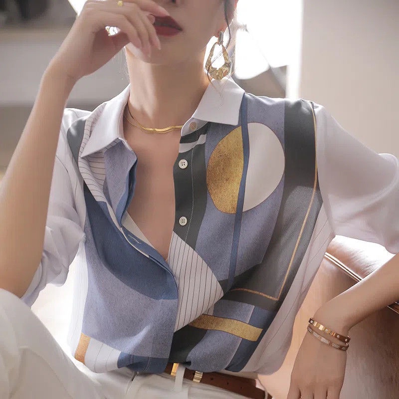 Áo Sơ Mi Satin Cao Cấp Tay Dài Dáng Rộng In Họa Tiết Màu Sắc Tương Phản Thời Trang Mùa Thu 2023 Cho Nữ