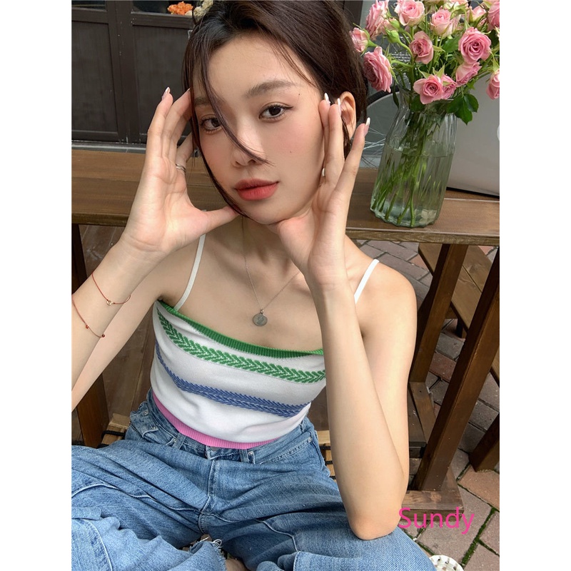 Áo Hai Dây Dệt Sọc Nhiều Màu Phong Cách Hàn Quốc Cổ Điển Thời Trang Mùa Hè Cho Nữ