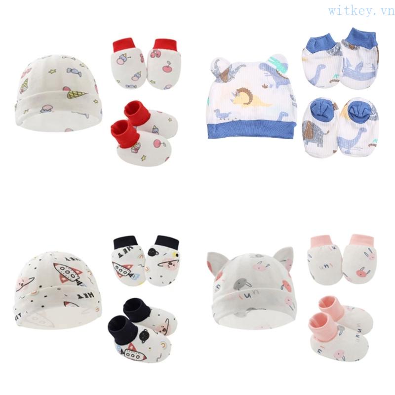 Mũ Cotton Mềm Mại Thoáng Khí Kèm Găng Tay Dệt Kim Cho Em Bé Sơ Sinh
