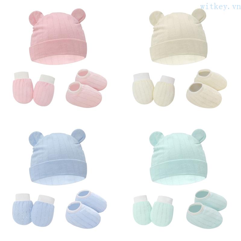 1 Bộ Bao Tay + Mũ + Găng Tay Bằng Vải Cotton Mềm Mại Chống Cào Dành Cho Bé