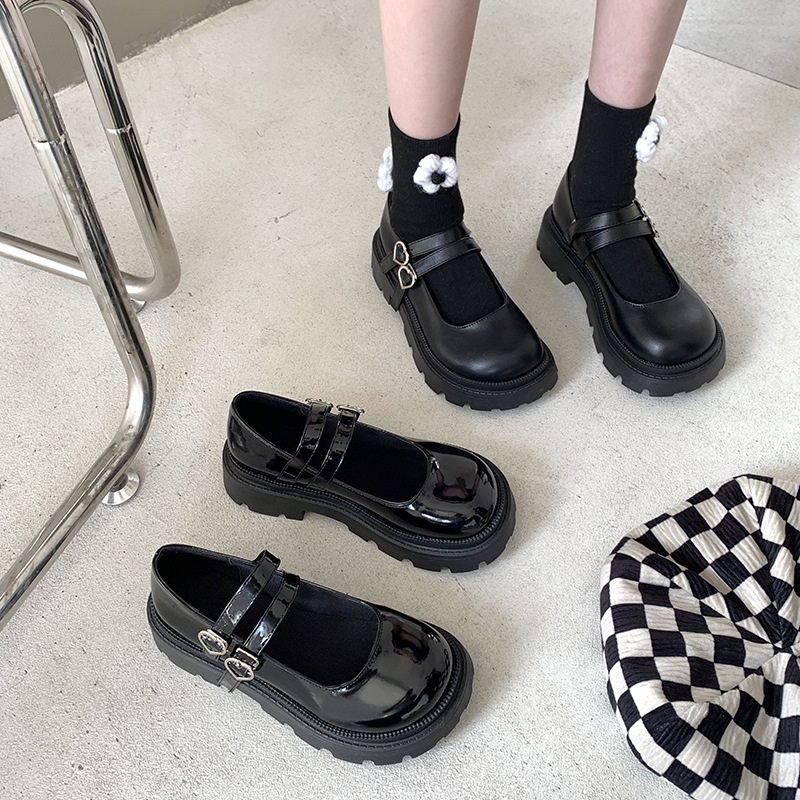 Giày Da Đế Dày Phối Khóa Hình Trái Tim Phong Cách Mary Jane Cổ Điển Thời Trang Cho Nữ