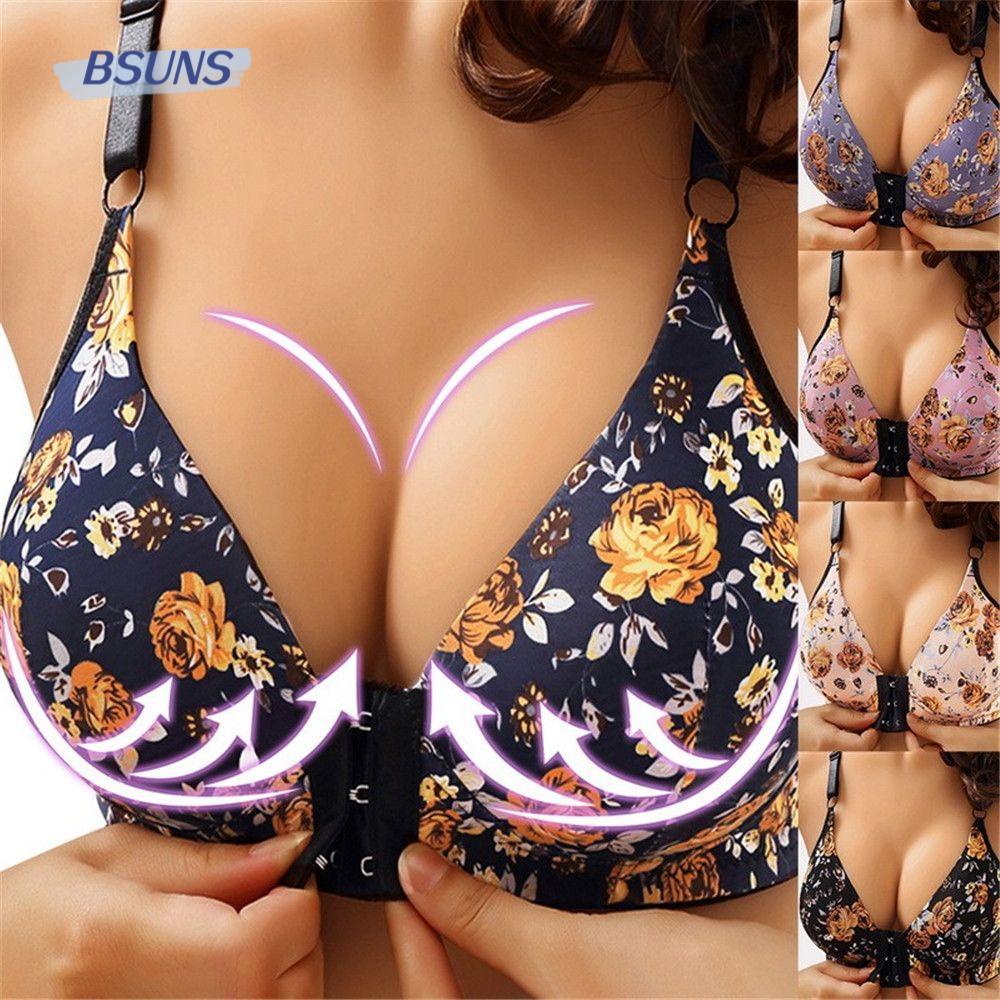 Bsuns Áo Lót Nâng Ngực Không Gọng Cài Khóa Trước Họa Tiết Hoa Không Đường May Plus