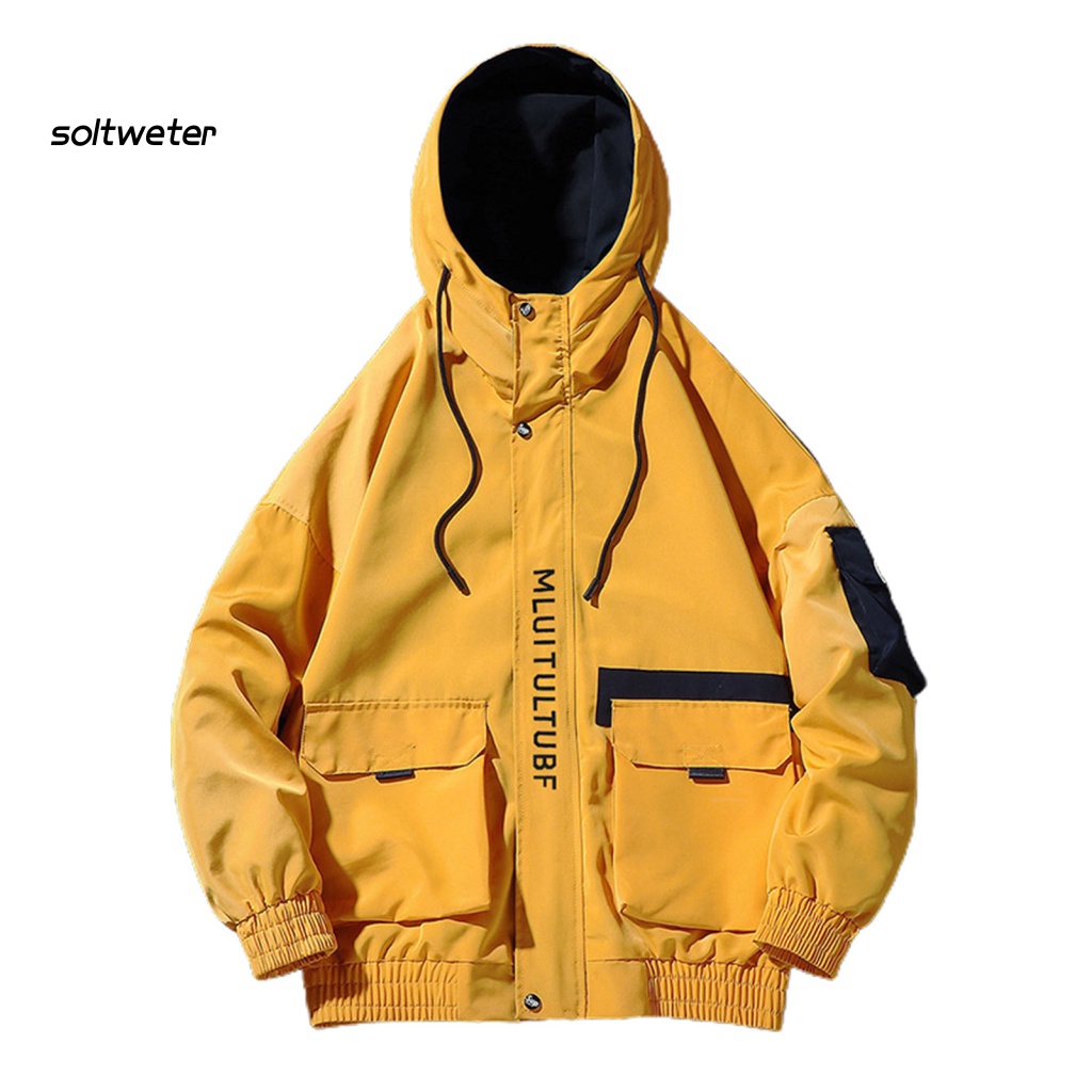 Áo Khoác Bóng Chày Có Mũ Trùm Phối Dây Rút Nhiều Túi In Chữ Màu Khối Thời Trang Mùa Thu Cho Nam