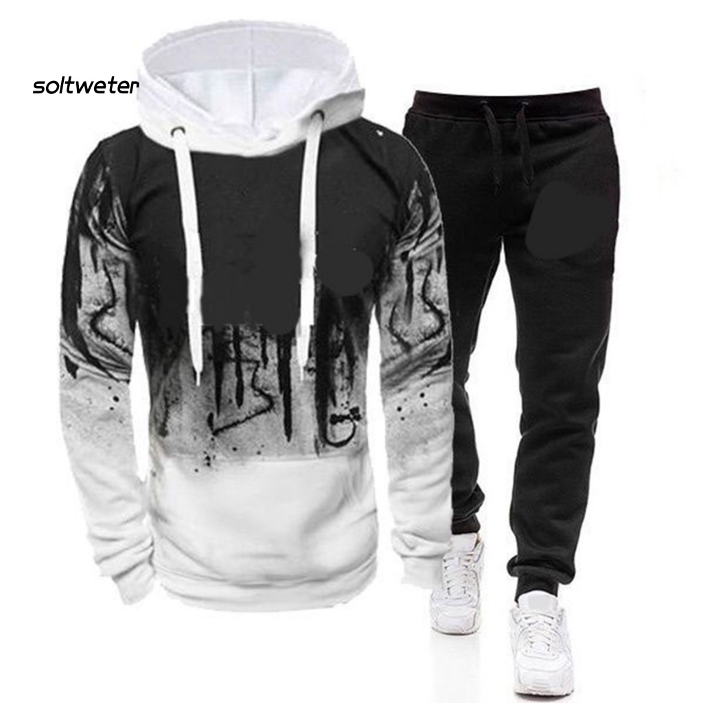 Bộ Đồ 2 Món Gồm Áo Hoodie Tay Dài Và Quần Dài Dây Rút Thấm Hút Mồ Hôi In Họa Tiết Vết Mực Thời Trang Cho Nam