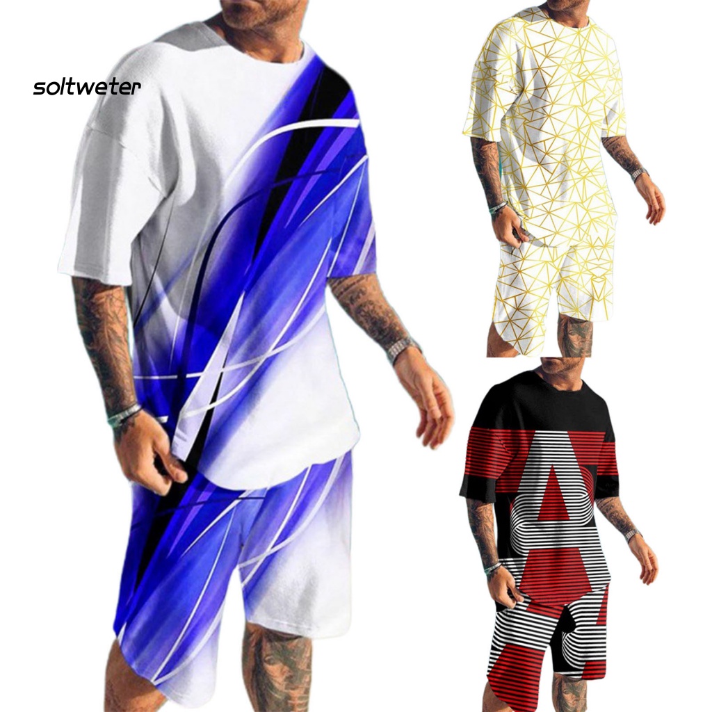 Bộ Trang Phục Thể Thao 2 Mảnh Gồm Áo Thun Tay Ngắn Cổ Tròn + Quần Short Lưng Thun In Họa Tiết 3D Thời Trang Cho Nam