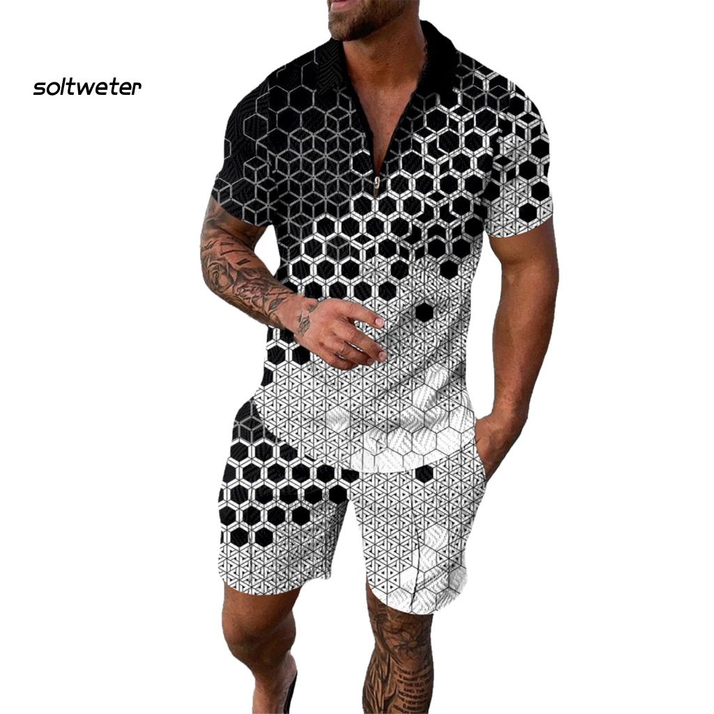 1 Bộ Đồ Thể Thao Đi Biển Mùa Hè Gồm Áo Cổ Bẻ In Họa Tiết Kỹ Thuật Số + Quần Short Có Túi Cho Nam