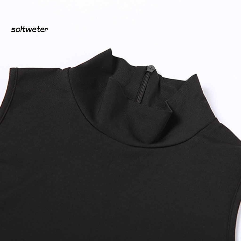 Áo Liền Thân Cổ Đứng Không Tay Phối Lưới Xuyên Thấu Màu Trơn Thời Trang Mùa Hè Cho Nữ