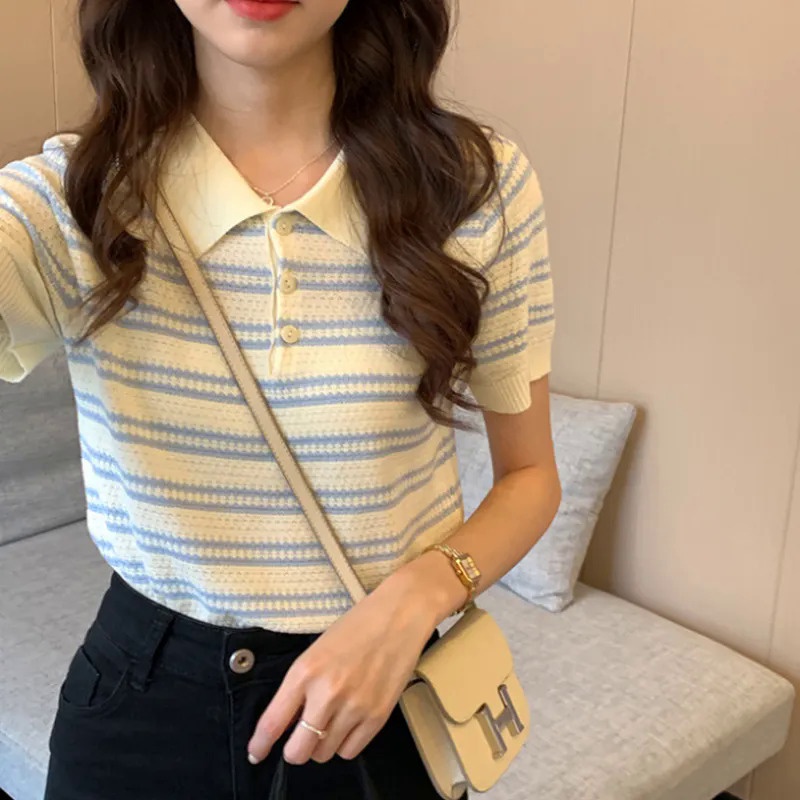 Áo Thun Polo Dệt Kim Tay Ngắn Họa Tiết Kẻ Sọc Thời Trang Mùa Hè Phong Cách Hàn Quốc Mới Cho Nữ