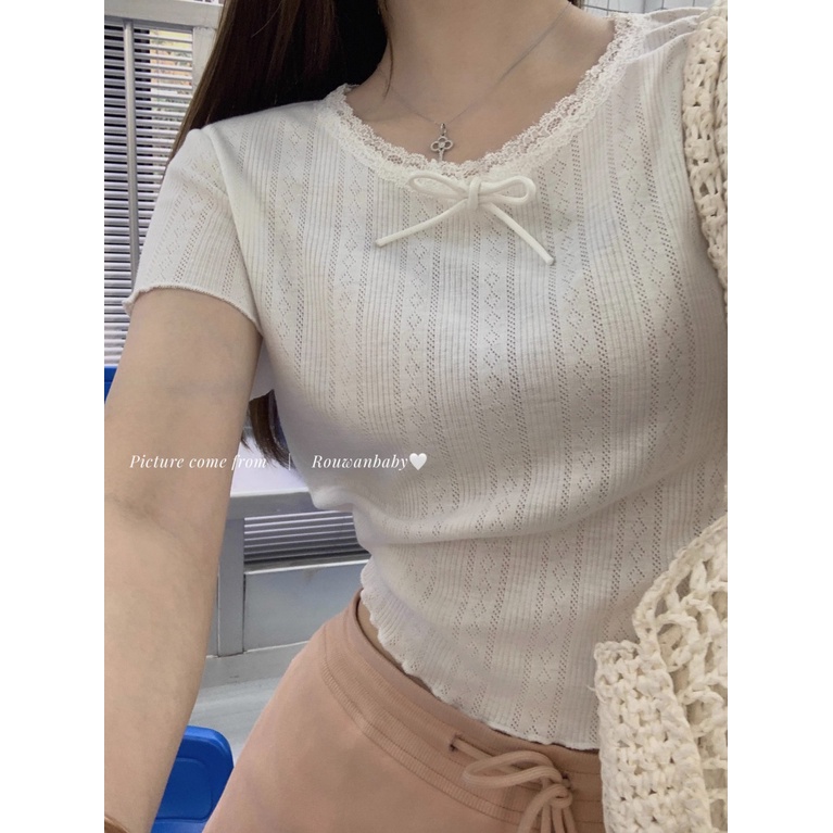 Áo Thun Dệt Kim Ngắn Tay Thắt Nơ Phong Cách Mới Mùa Hè Cho Nữ