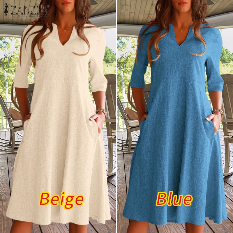 Zanzea Đầm Midi Tay Lửng Cổ Chữ V Phong Cách Vintage Nữ Tính