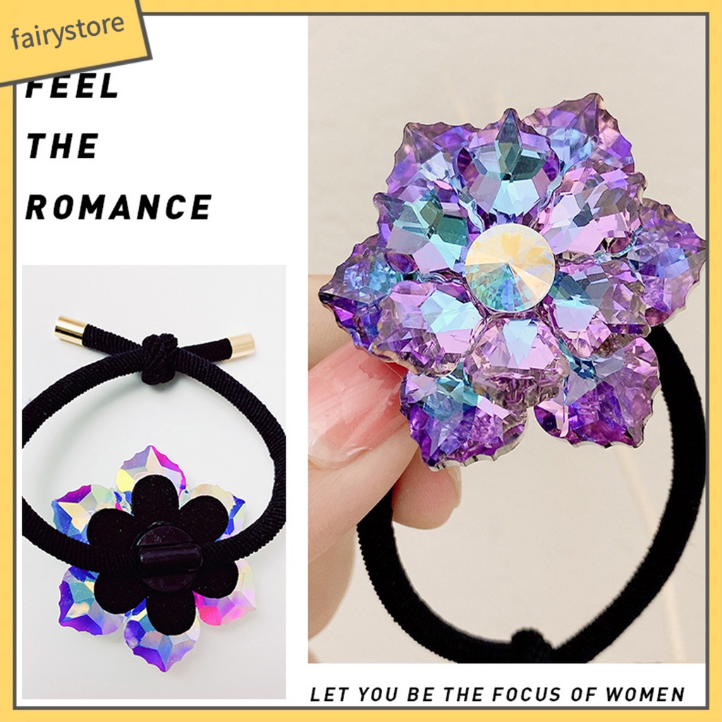 Dây Buộc Tóc Cao Su Co Giãn Đính Pha Lê Giả Màu Đen Ngọt Ngào Cho Nữ