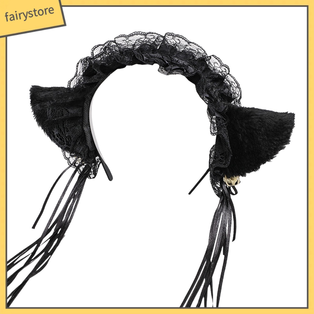 Băng Đô Tai Mèo Phối Ren Tua Rua Phong Cách Gothic Lolita Cho Nữ