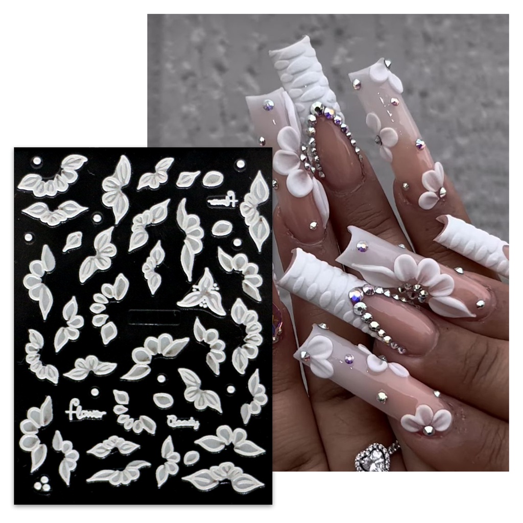 Miếng Dán Trang Trí Móng Tay Nghệ Thuật Dập Nổi Họa Tiết Hoa Lớn Màu Trắng Thích Hợp Cho Tiệc Cưới