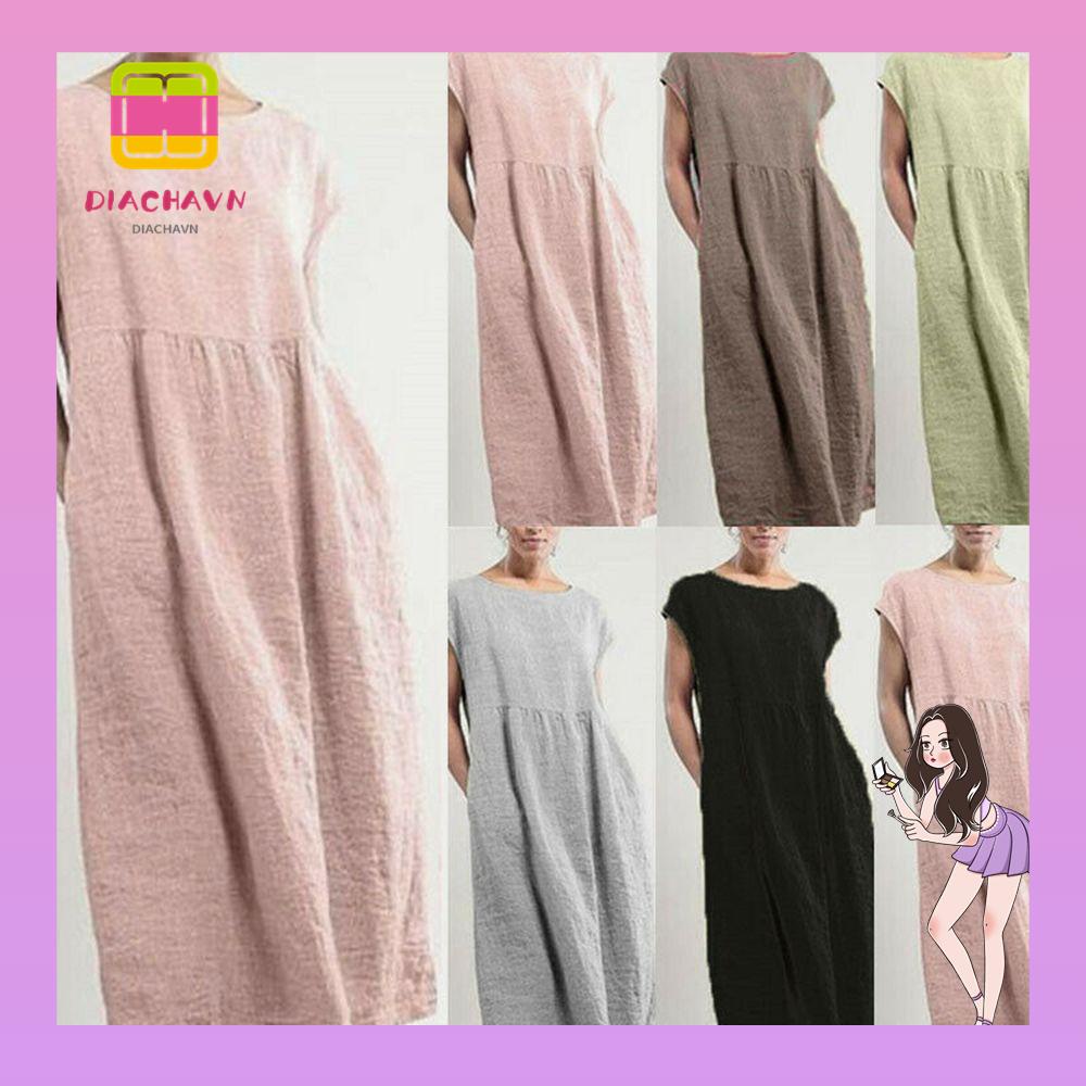 Đầm Dài Vải Lanh Cotton Tay Ngắn Phối Túi Thời Trang Cho Nữ
