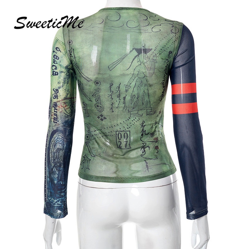 Áo Thun Tay Dài Cổ Tròn In Họa Tiết Màu Tương Phản Thời Trang 2023 Cho Nữ