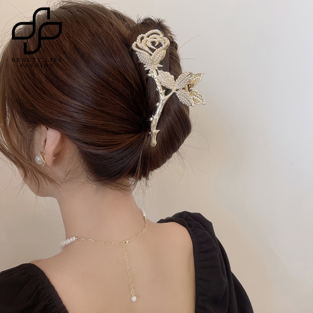 Kẹp Tóc Càng Cua Đính Đá Lấp Lánh Màu Trơn Chống Trượt Có Răng Lược Cài