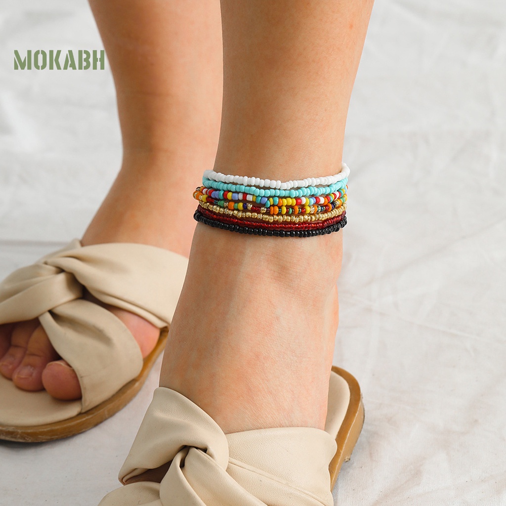 [Mok Abh] Set 7 Vòng Tay Chuỗi Hạt Nhiều Màu Sắc Tương Phản Co Giãn Dành Cho Nữ Đi Biển