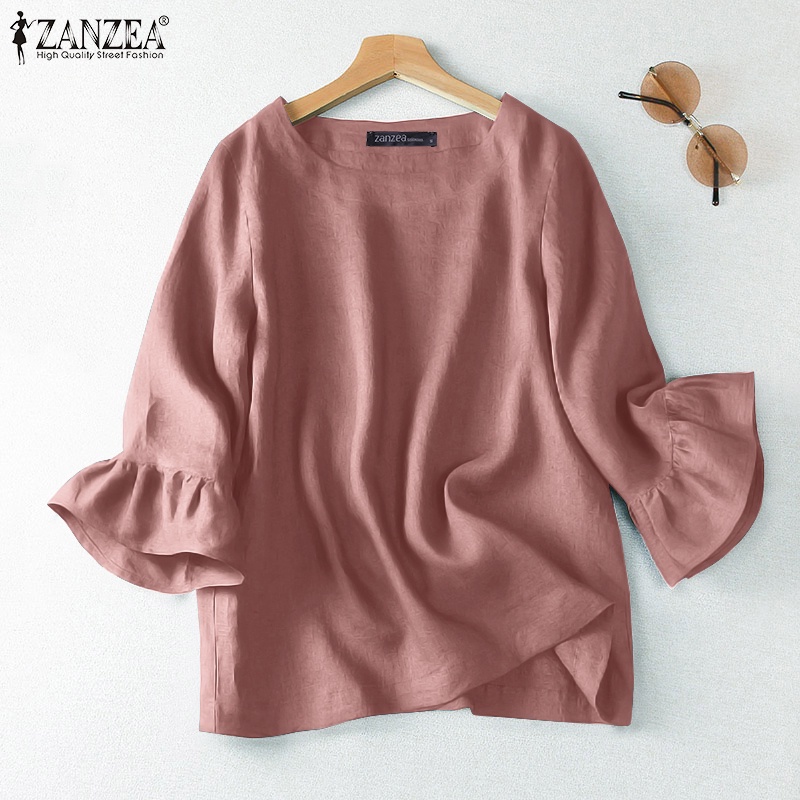 Zanzea Áo Sơ Mi Tay Lửng Nhún Bèo Màu Trơn Phong Cách Hàn Quốc Cho Nữ