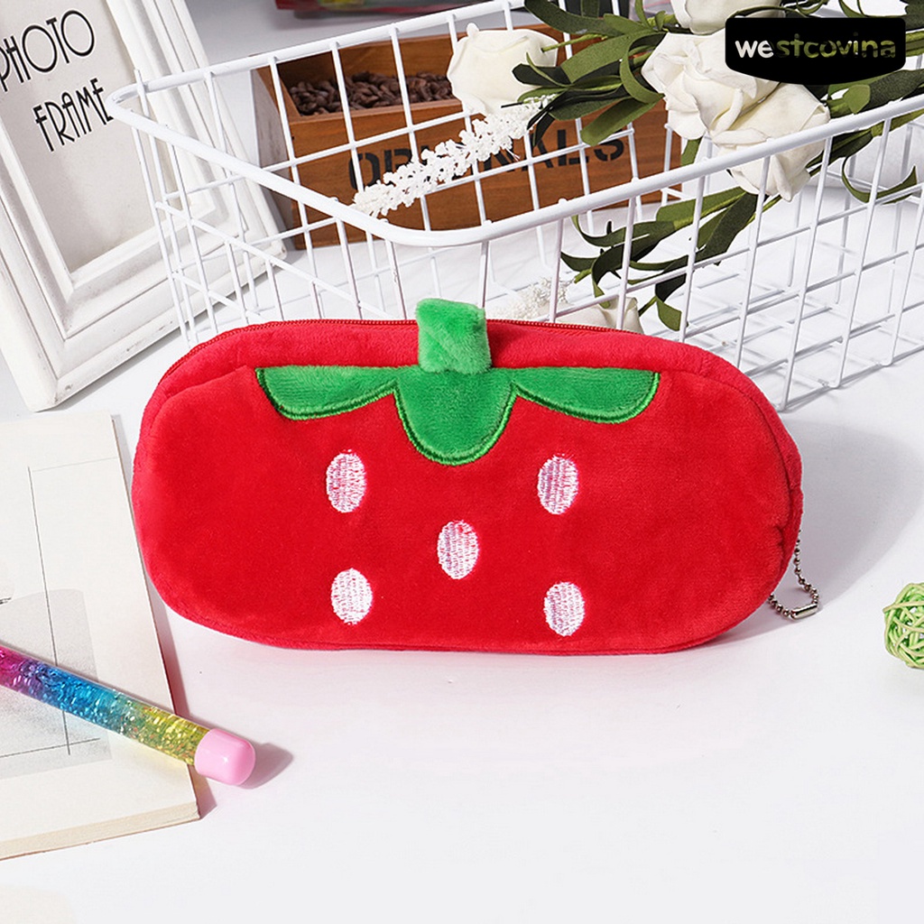 [WSTN]✎Túi Đựng Bút Bằng Vải Flannel Khóa Kéo Họa Tiết Dâu Tây Hoạt Hình Sáng Tạo