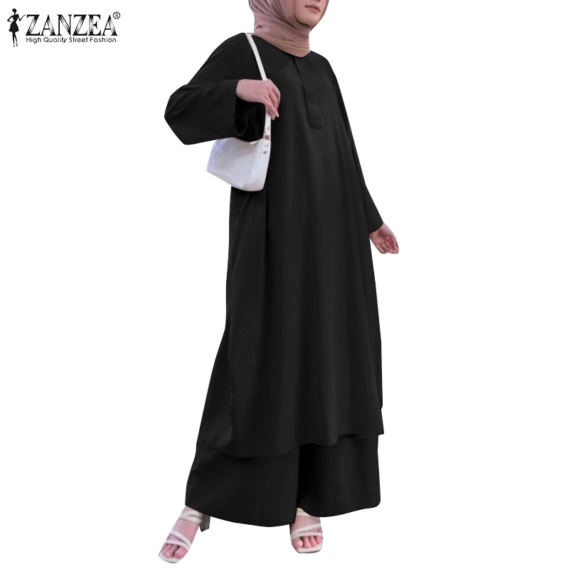 Zanzea Set Áo Thun Dài Tay Cổ Tròn + Quần Dài Lưng Thun Màu Trơn Cho Phụ Nữ Hồi Giáo