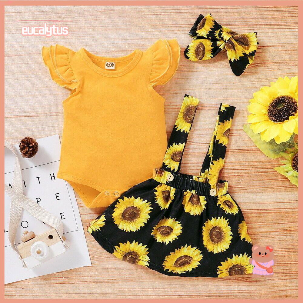 Bộ 3 Món Áo Liền Quần + Chân Váy Họa Tiết Hoa Hướng Dương Xinh Xắn Cho Bé Gái