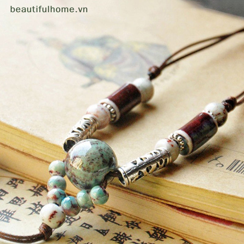 [beautifulhome] Dây Chuyền Dáng Dài Đính Hạt Gốm Sứ Handmade Truyền Thống Thời Trang Retro Trang Sức Thanh Lịch [beauty]