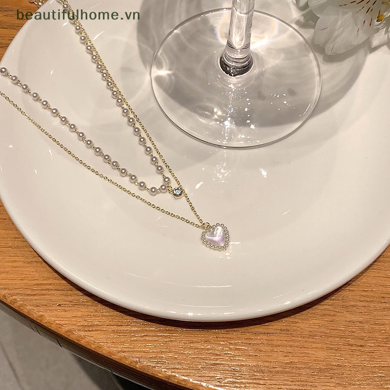 [beautifulhome] Vòng Cổ Choker Hai Lớp Mặt Hình Trái Tim Ngọc Trai Kpop Dễ Thương Làm Quà Tặng Trang Sức Cho Nữ [beauty]