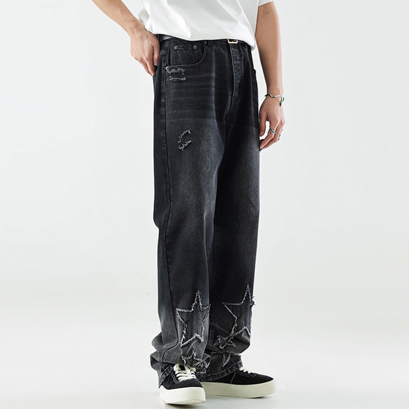 Quần Jean Ống Rộng Thêu Ngôi Sao Màu Gradient Phong Cách Đường Phố Mỹ Hàng Mới A3g4