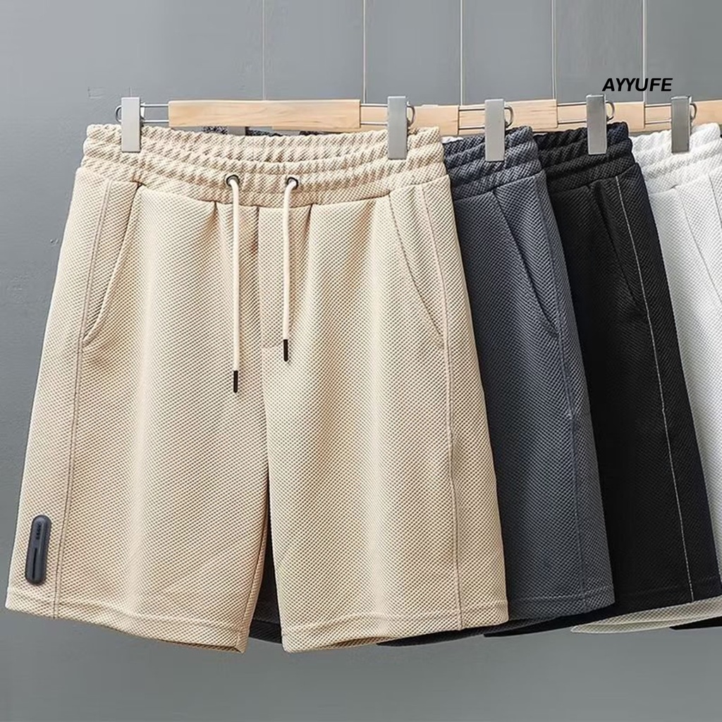 [AYYUFE] Quần Short Dáng Rộng Màu Trơn Lưng Vừa Có Dây Rút Thời Trang Mùa Hè Cho Nam